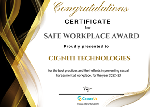Cigniti Recognized for Safe Workplace Practices by CecureUs in 2022-23